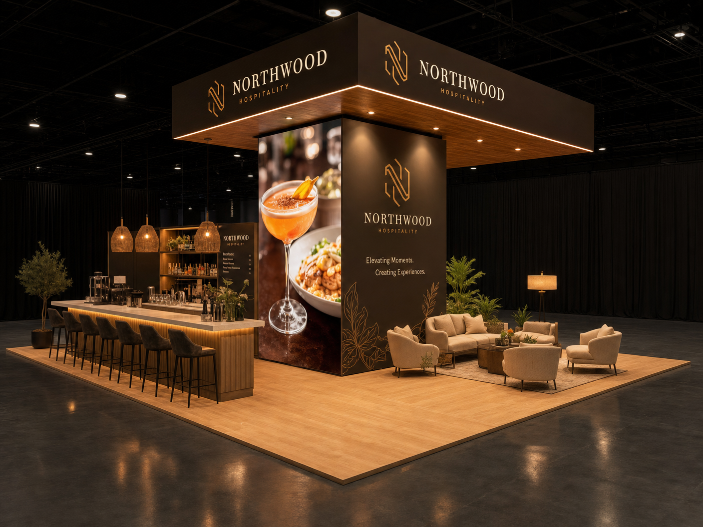 20x20 LED exhibit booth rental - HD Expo 20x20 LED Video Wall Booth for Hospitality Brands