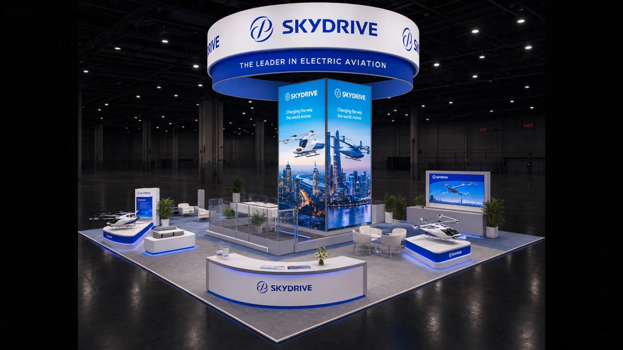 30x30 LED exhibit booth rental with hanging sign - SEMA LED Video Wall Booth – 30x30 EV Companies