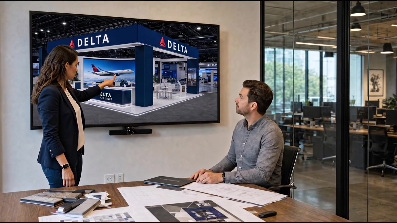 LED Exhibits design team presenting 3D booth rendering to clients in modern studio